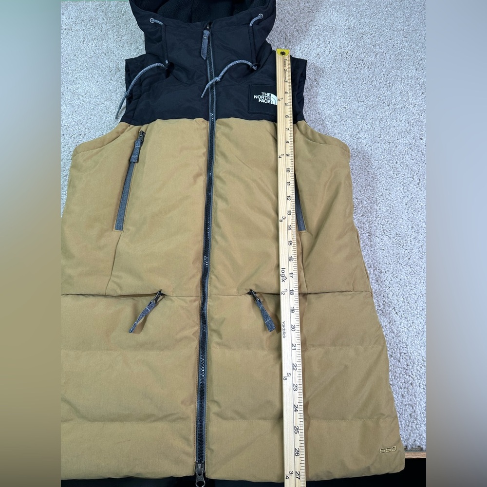 The North Face Women's Small 550 Goose Down Pallie Khaki Black Hooded Vest - Picture 10 of 11